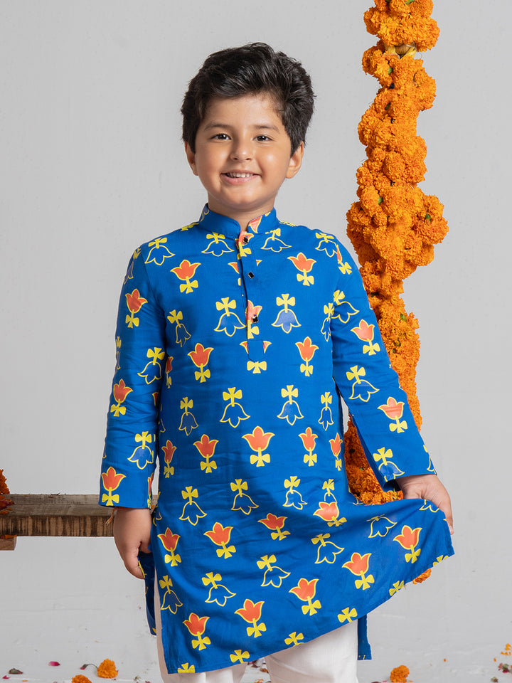 Flower Design Kurta Set In Blue For Boys