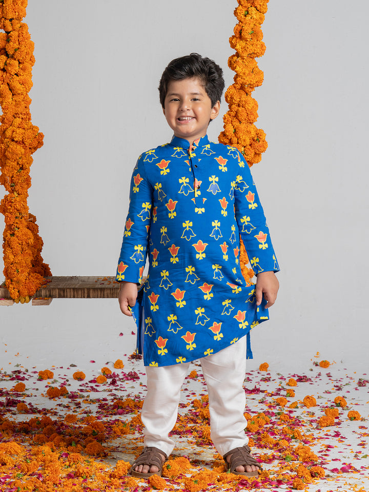 Flower Design Kurta Set In Blue For Boys