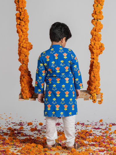 Flower Design Kurta Set In Blue For Boys