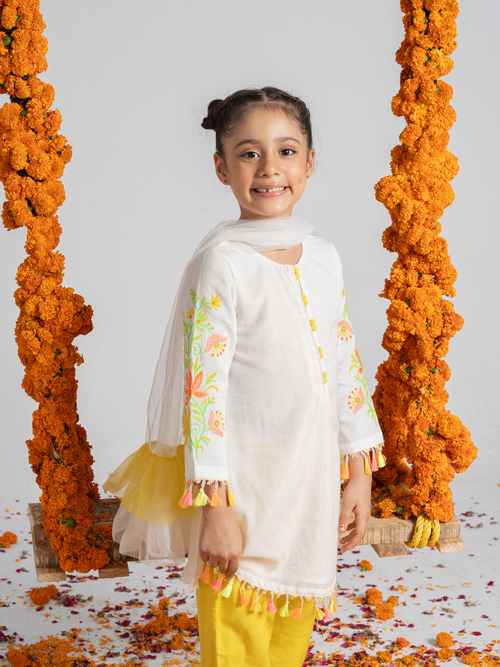 White Kurta Set With Dupatta for Girls