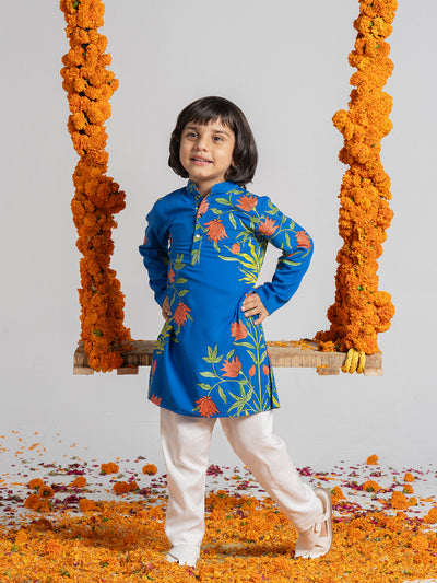 Printed Blue Kurta Set For Boys