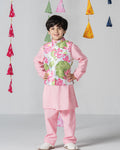 Pink kurta set with lotus print jacket For Boys