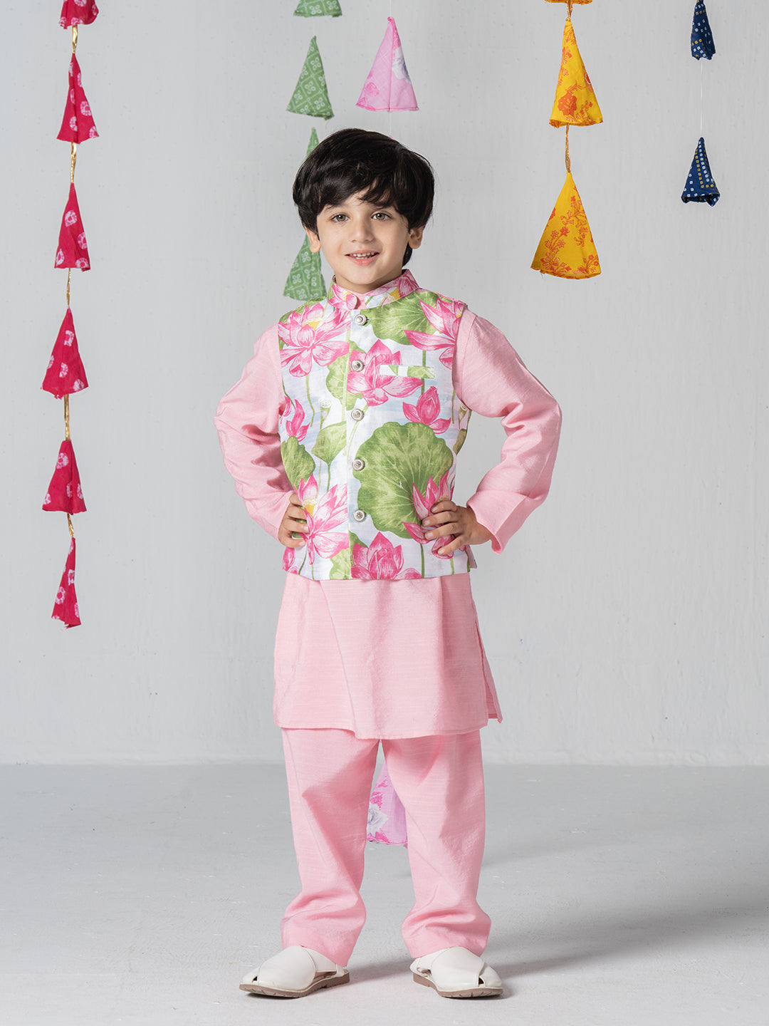 Pink kurta set with lotus print jacket For Boys