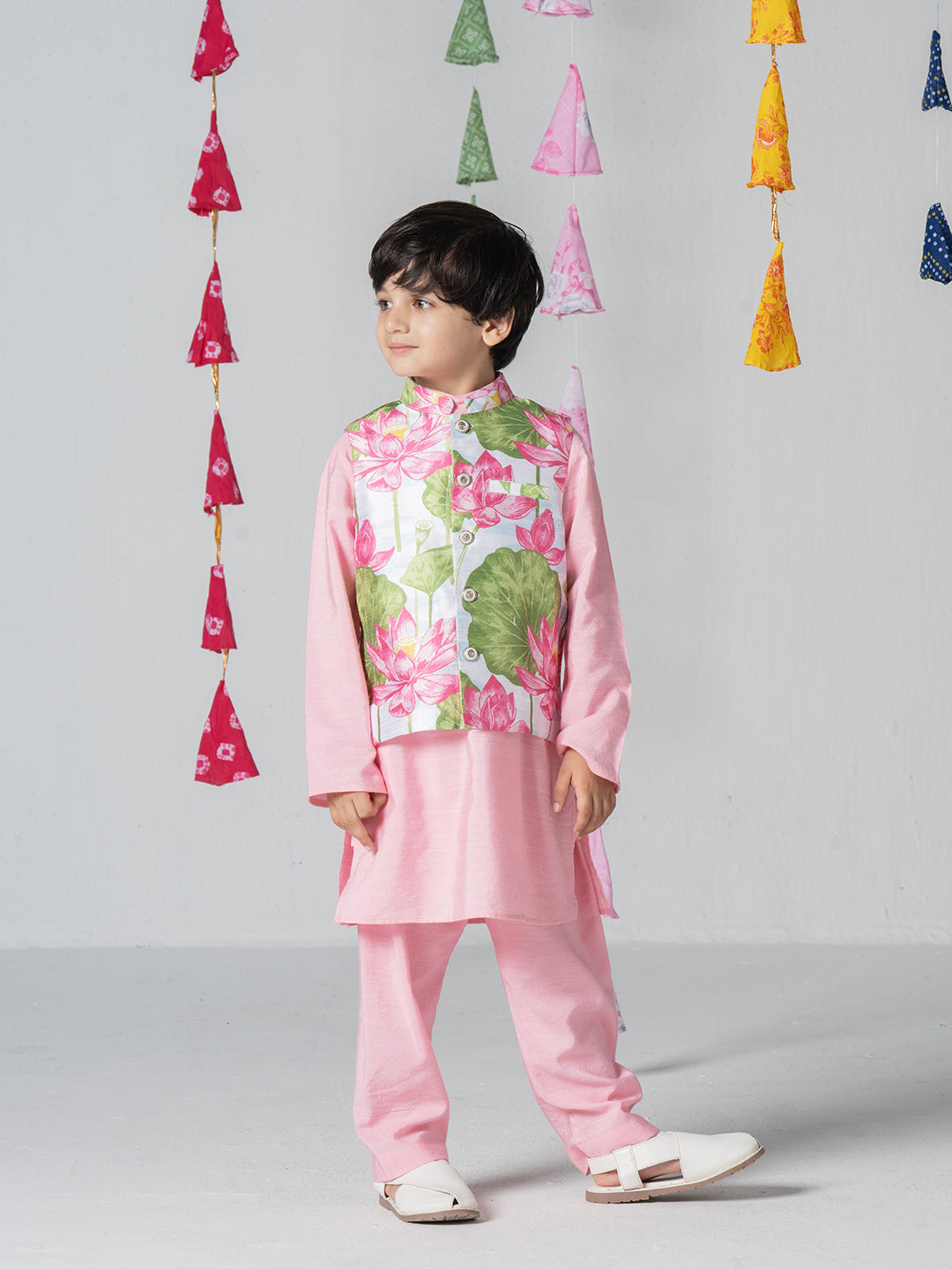 Pink kurta set with lotus print jacket For Boys