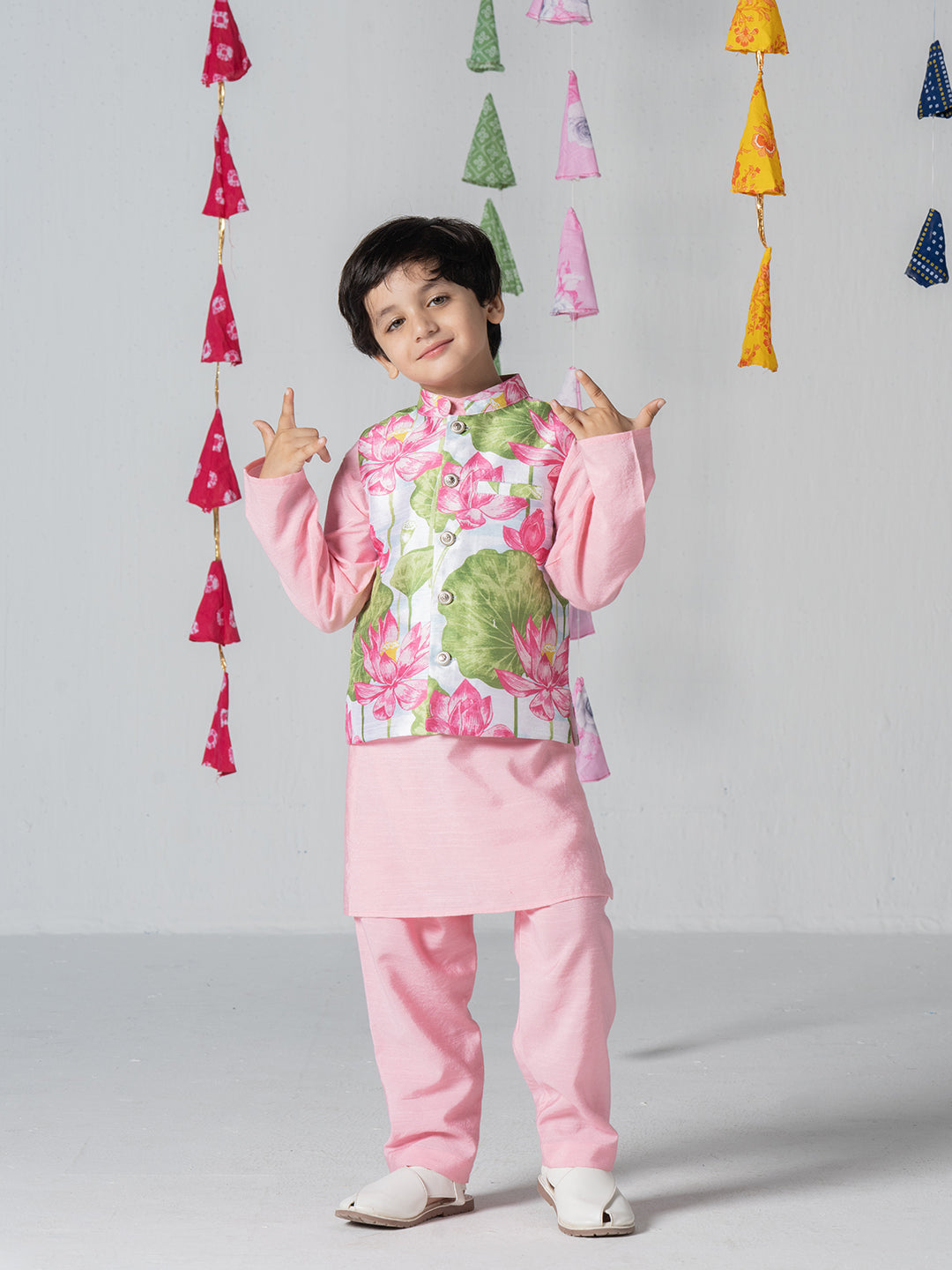 Pink kurta set with lotus print jacket For Boys