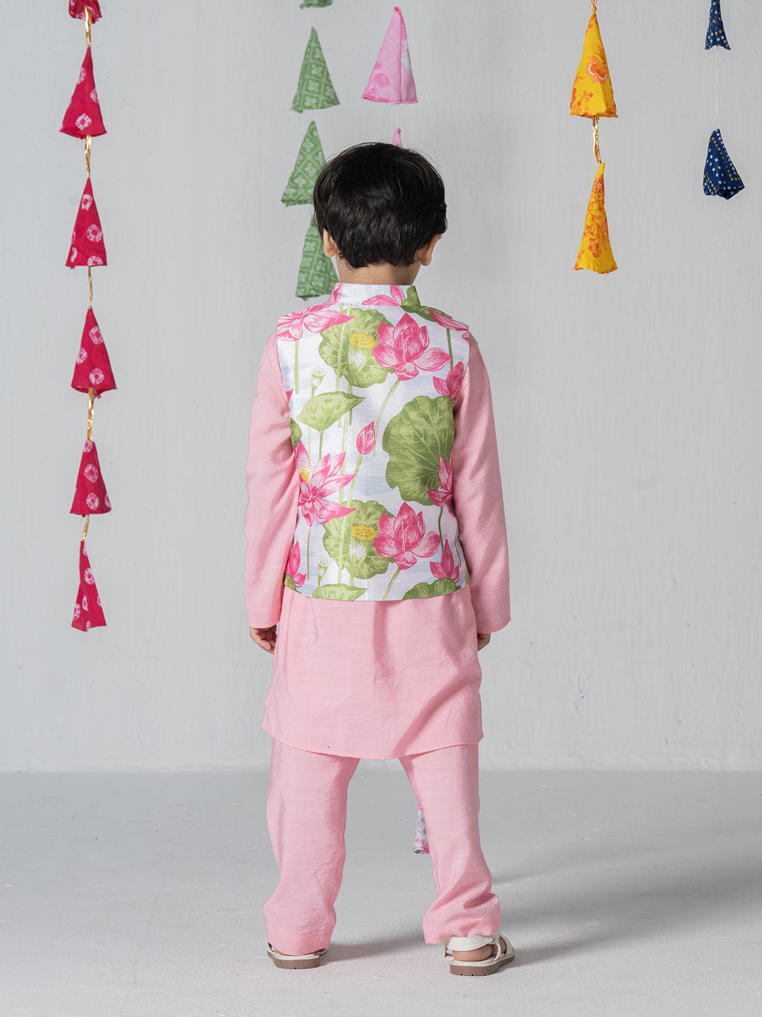 Pink kurta set with lotus print jacket For Boys