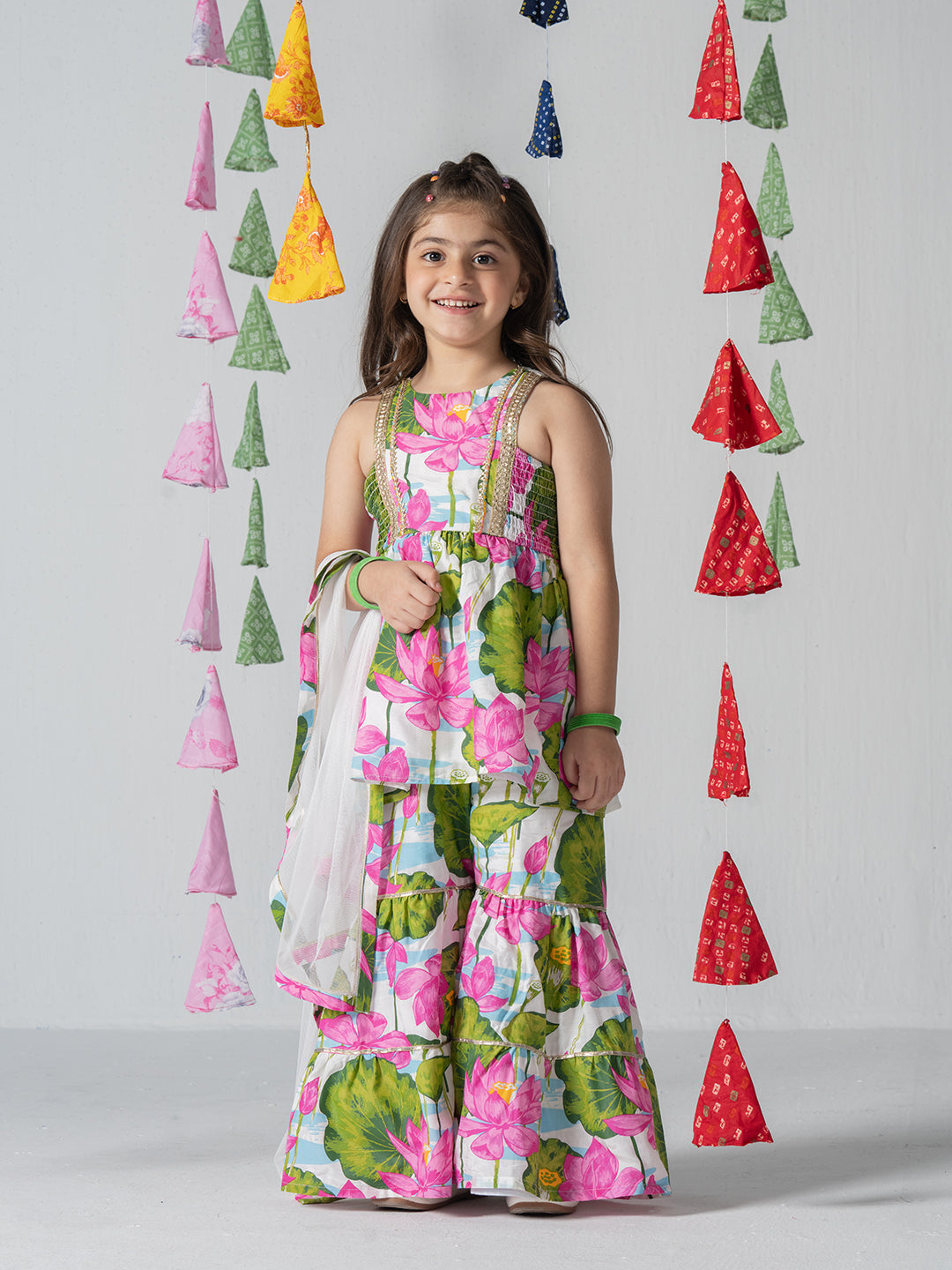 Girls Floral print kurta and sharara set with dupatta