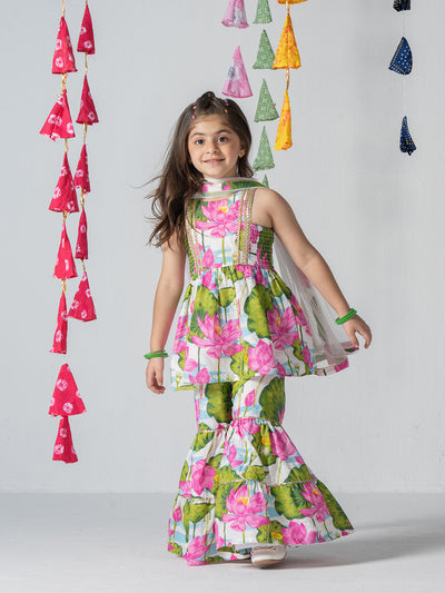 Girls Floral print kurta and sharara set with dupatta