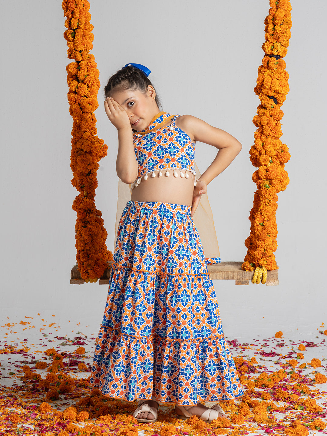 Multicolor strapped crop top with gathered tiered skirt for Girls