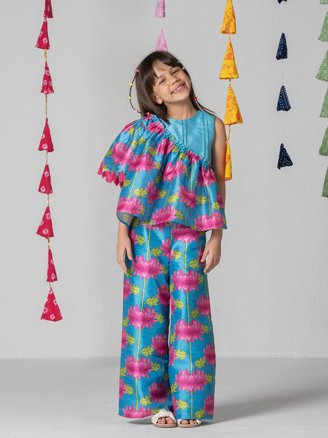 Pink Lotus Top and Pant Set For Girls