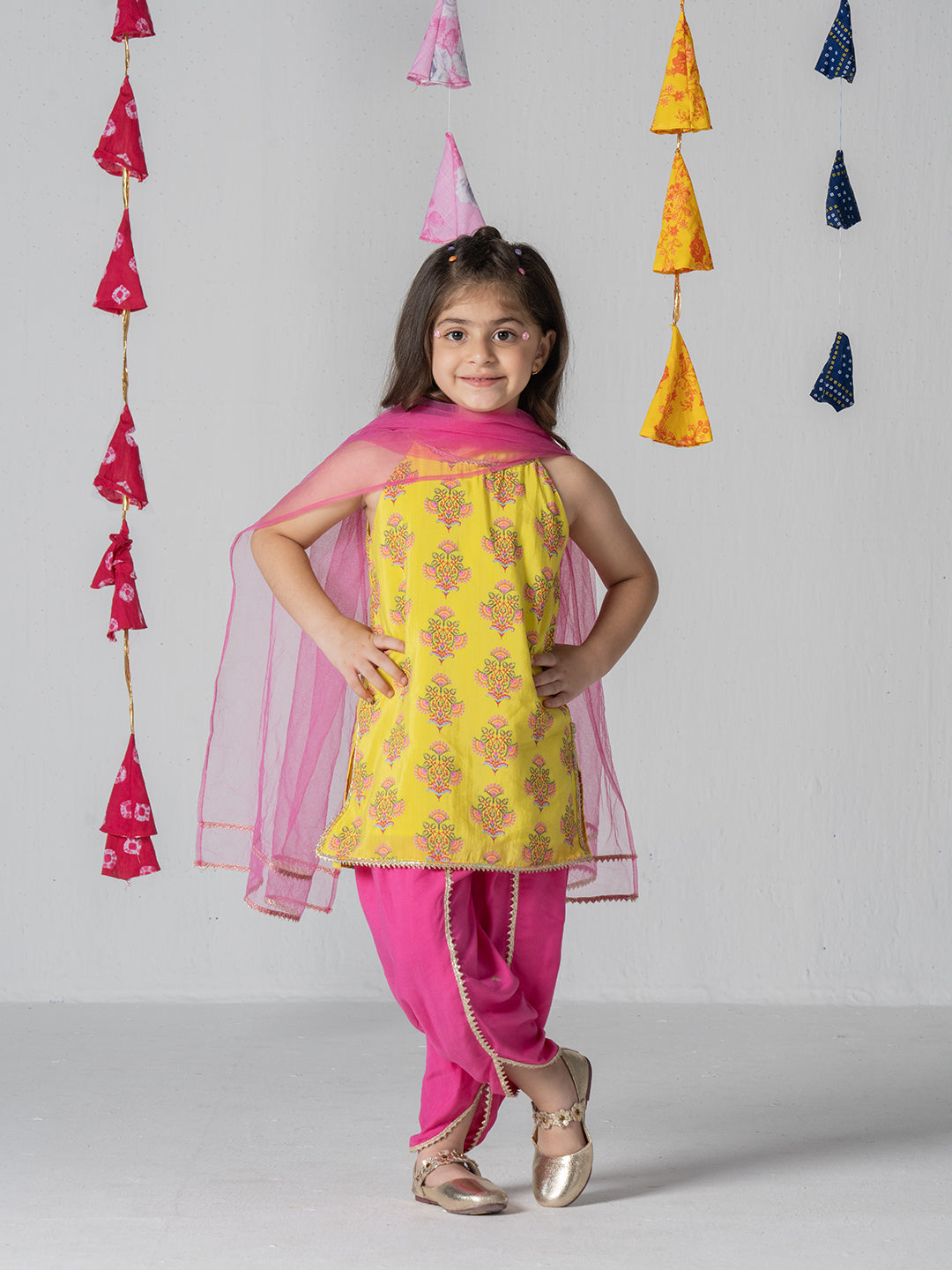 Halter neck printed kurta set with Dhoti salwar and dupatta for Girls