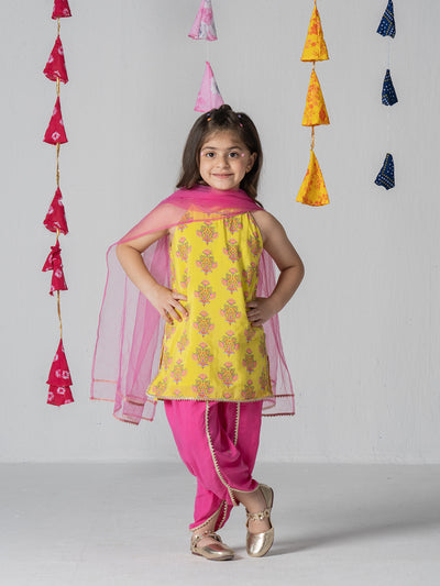 Halter neck printed kurta set with Dhoti salwar and dupatta for Girls