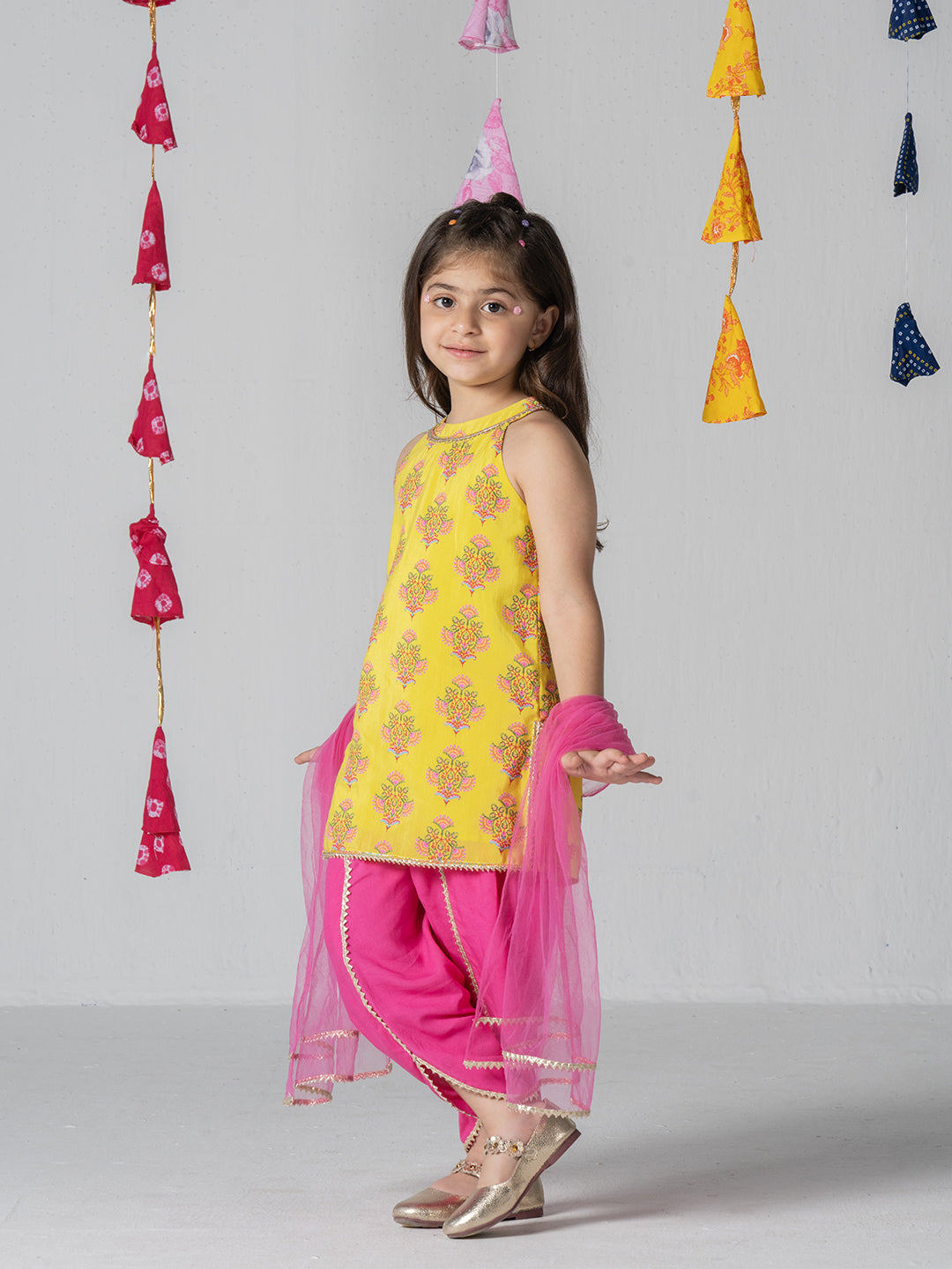 Halter neck printed kurta set with Dhoti salwar and dupatta for Girls