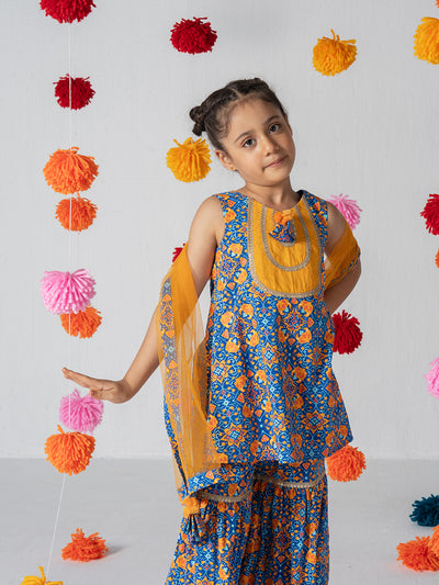 Moroccan print sleeveless kutra sharara set with hand-made tasseled dupatta for Girls