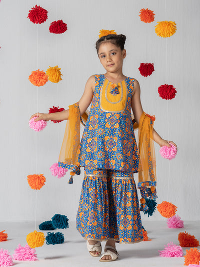 Moroccan print sleeveless kutra sharara set with hand-made tasseled dupatta for Girls