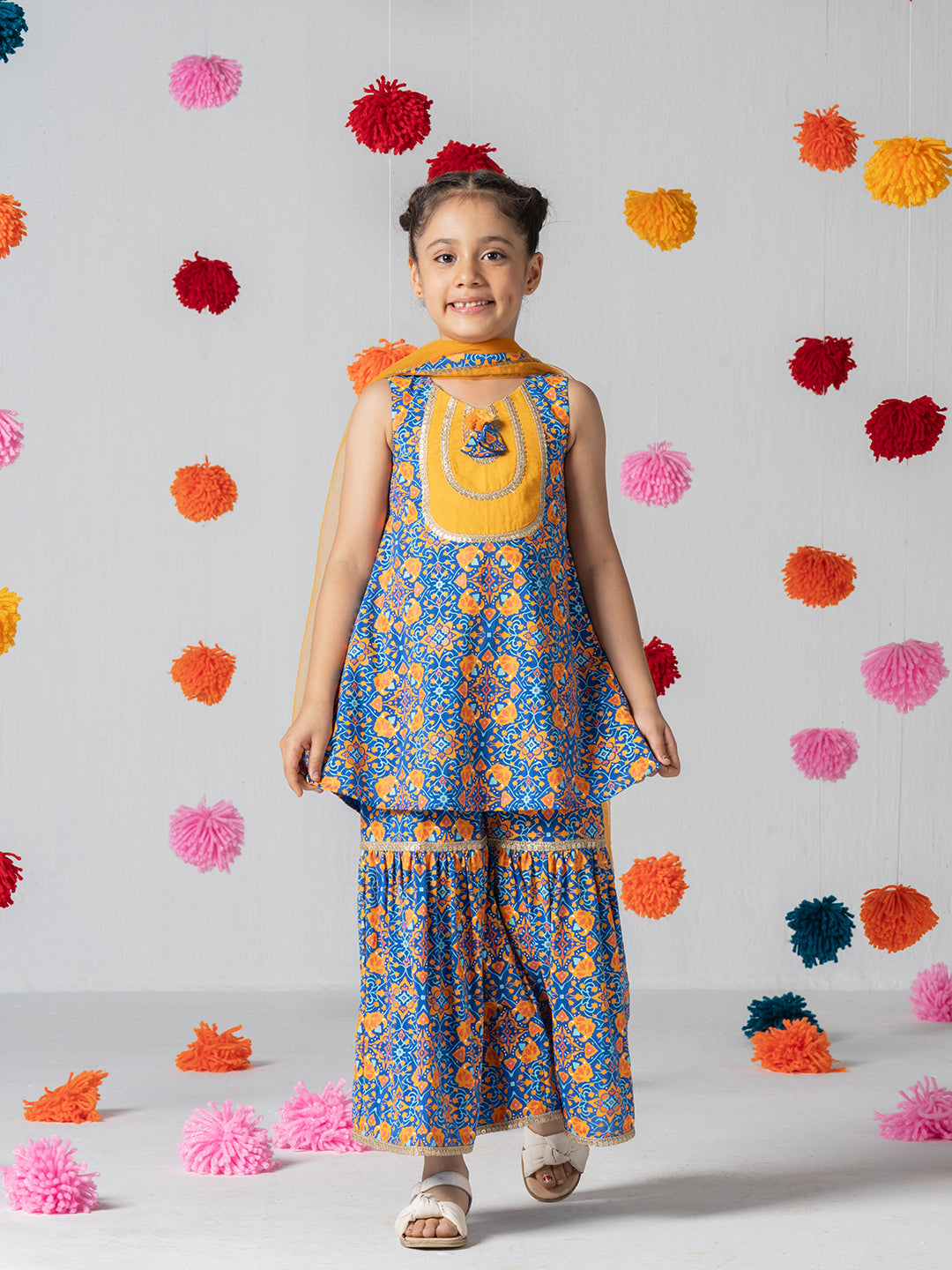 Moroccan print sleeveless kutra sharara set with hand-made tasseled dupatta for Girls