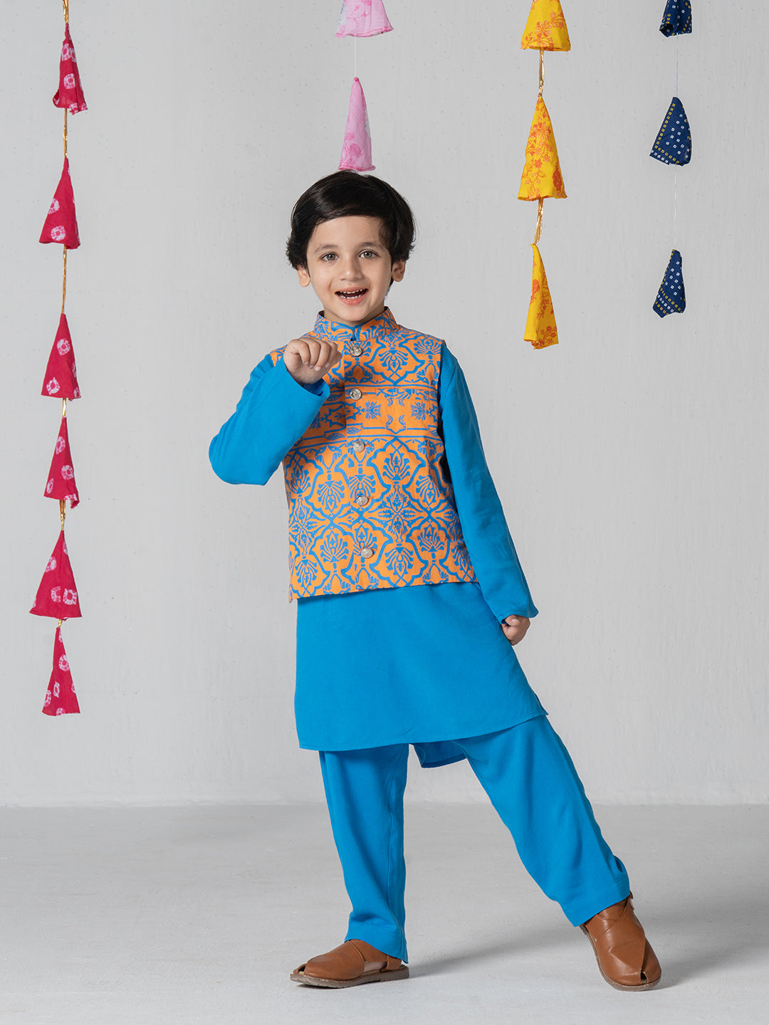 Blue color kurta set with mughal print jacket For Boys