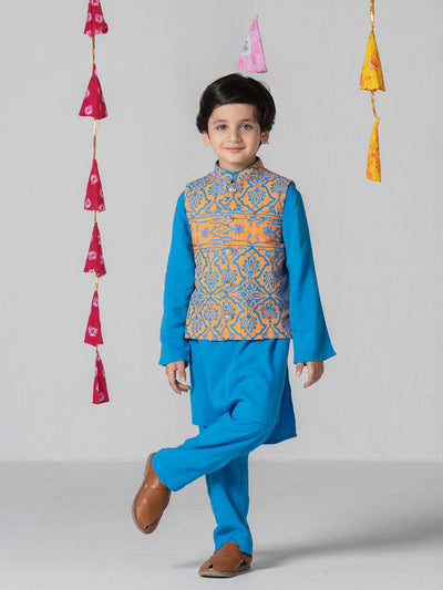 Blue color kurta set with mughal print jacket For Boys