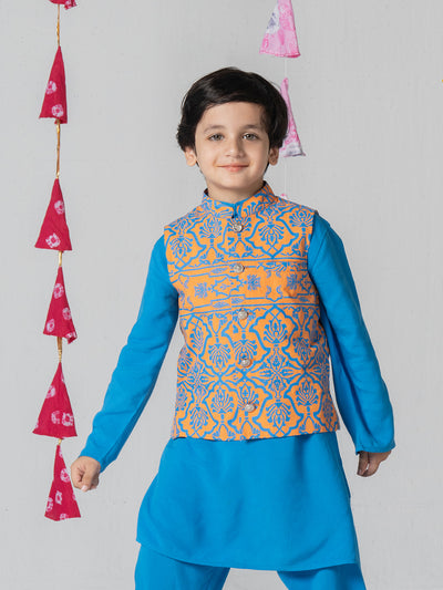 Blue color kurta set with mughal print jacket For Boys