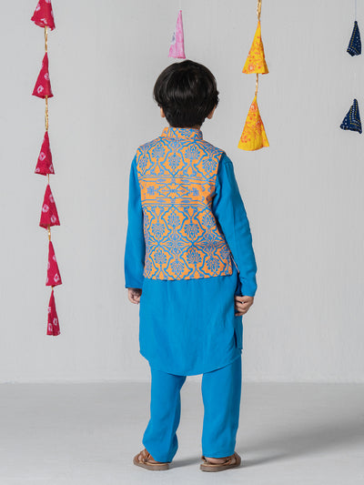 Blue color kurta set with mughal print jacket For Boys