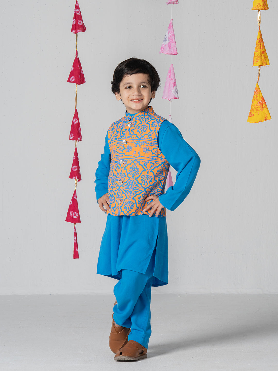 Blue color kurta set with mughal print jacket For Boys