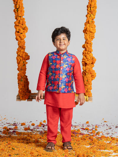 Bright Red color kurta set with printed floral jacket For Boys