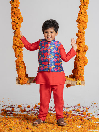 Bright Red color kurta set with printed floral jacket For Boys