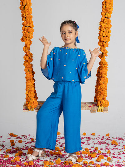 Embroidered Cold shoulder kaftan top with comfortable pant for Girls