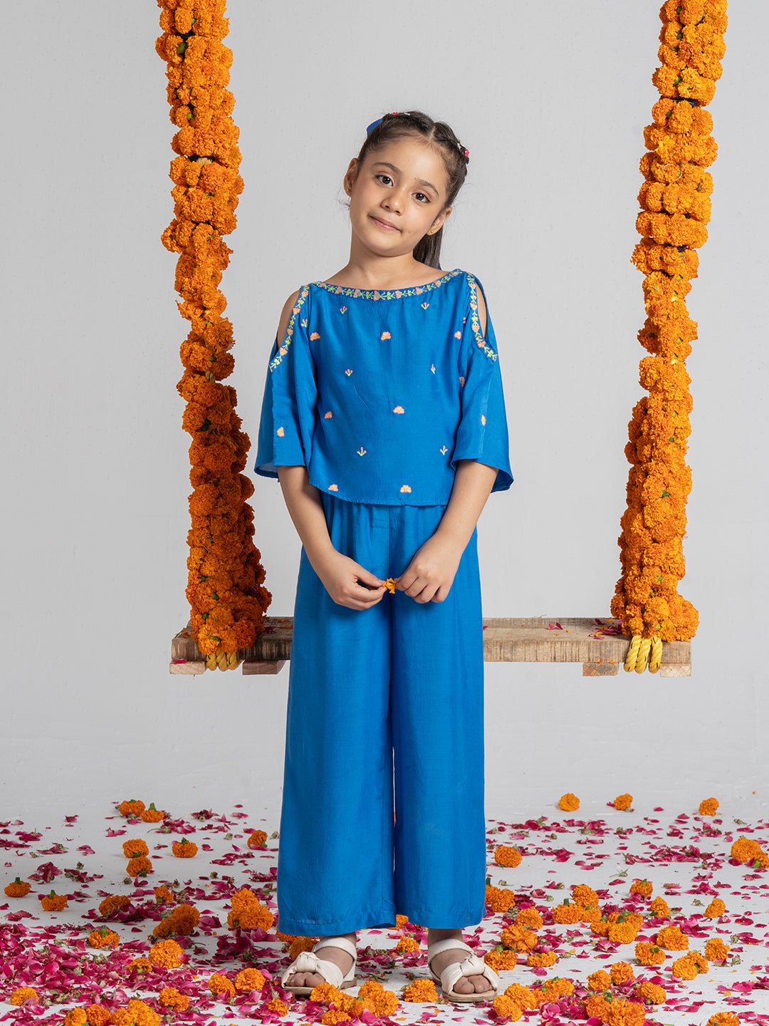 Embroidered Cold shoulder kaftan top with comfortable pant for Girls