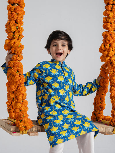 Boys Flower Design Kurta Set In Blue