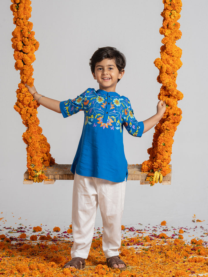 Blue Printed Kurta Set for Boys