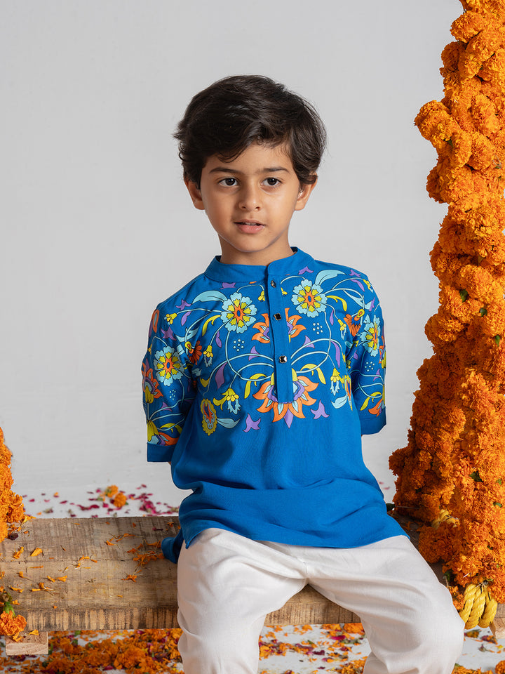 Blue Printed Kurta Set for Boys