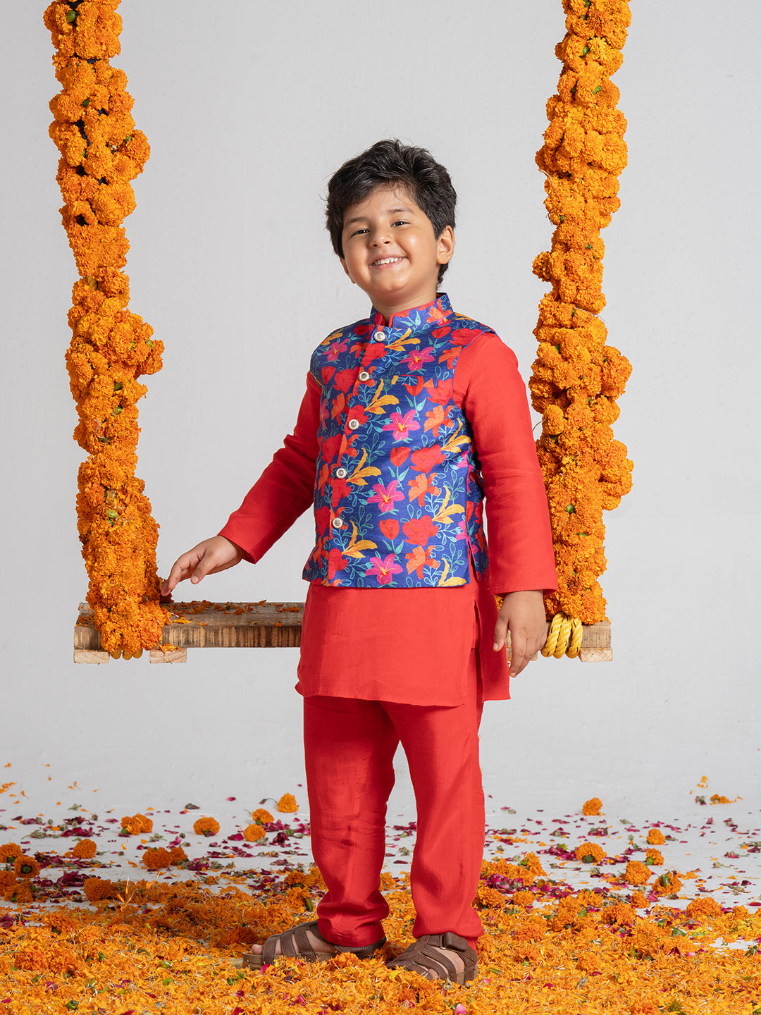 Bright Red color kurta set with printed floral jacket For Boys