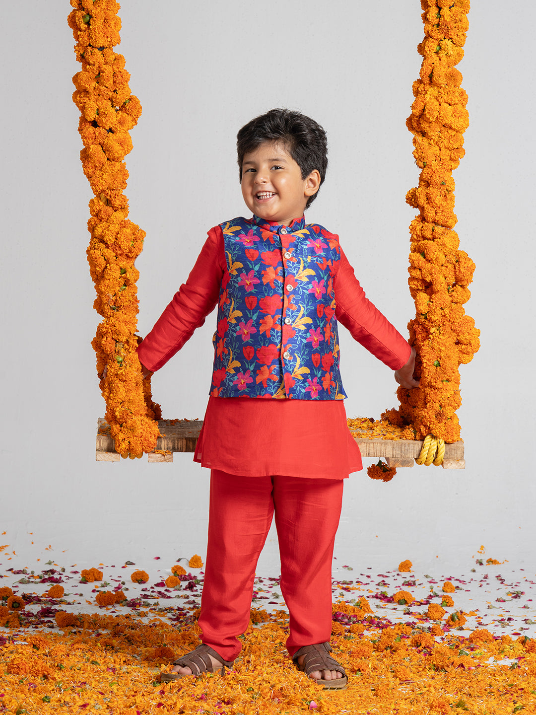 Bright Red color kurta set with printed floral jacket For Boys