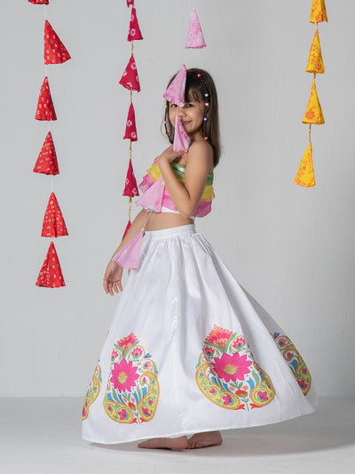 Multicolor one shoulder top with placent print gathered skirt for Girls