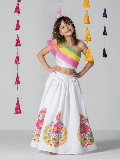 Multicolor one shoulder top with placent print gathered skirt for Girls