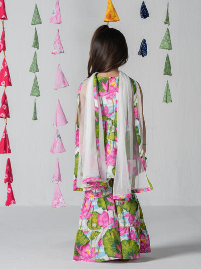 Girls Floral print kurta and sharara set with dupatta