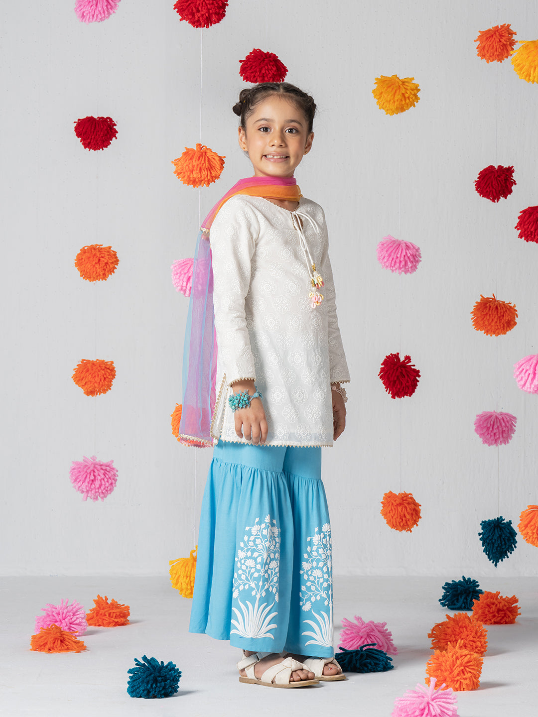 Full sleeve kurta and sharara set with multicolor dupatta for Girls