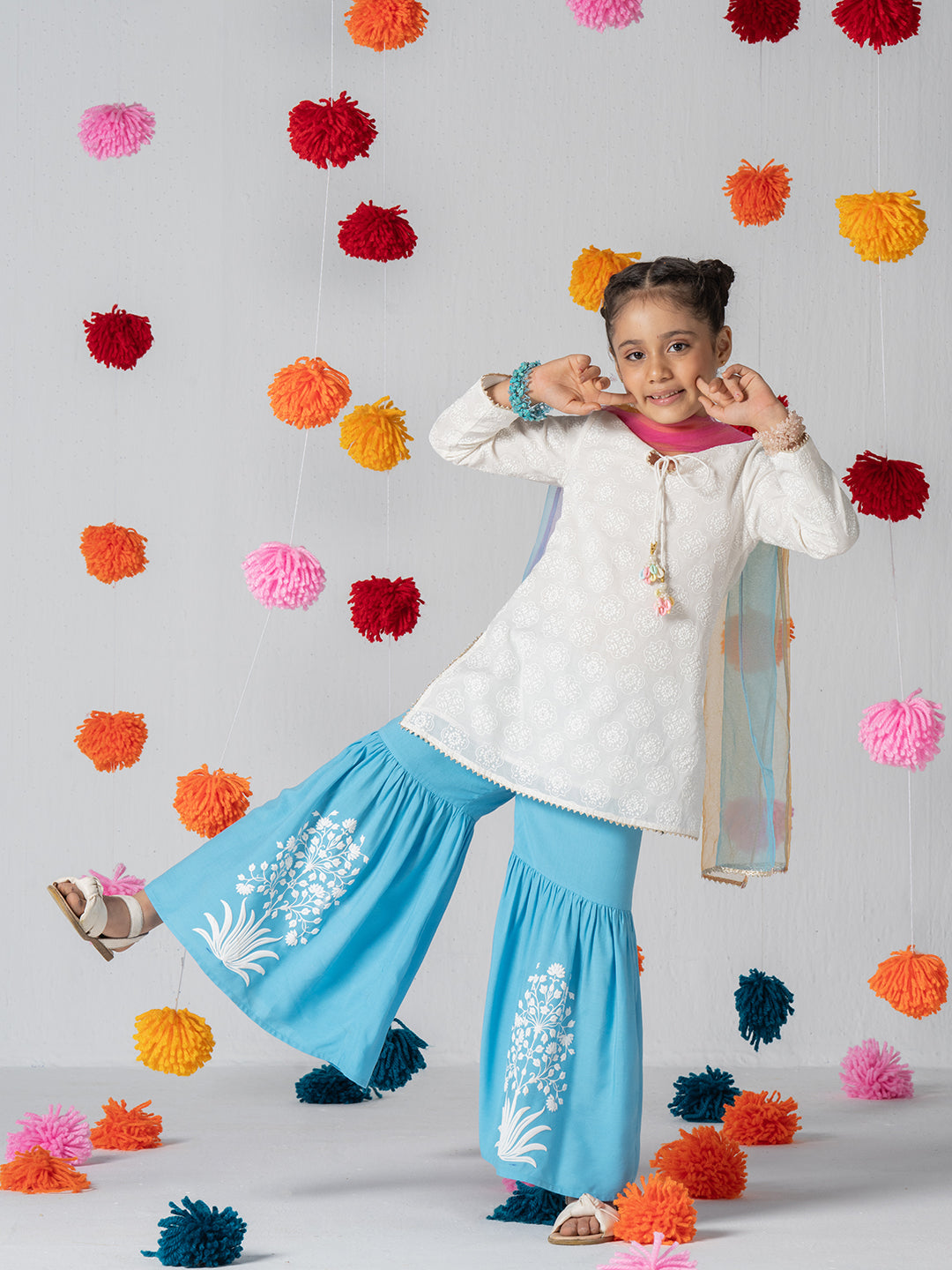 Full sleeve kurta and sharara set with multicolor dupatta for Girls