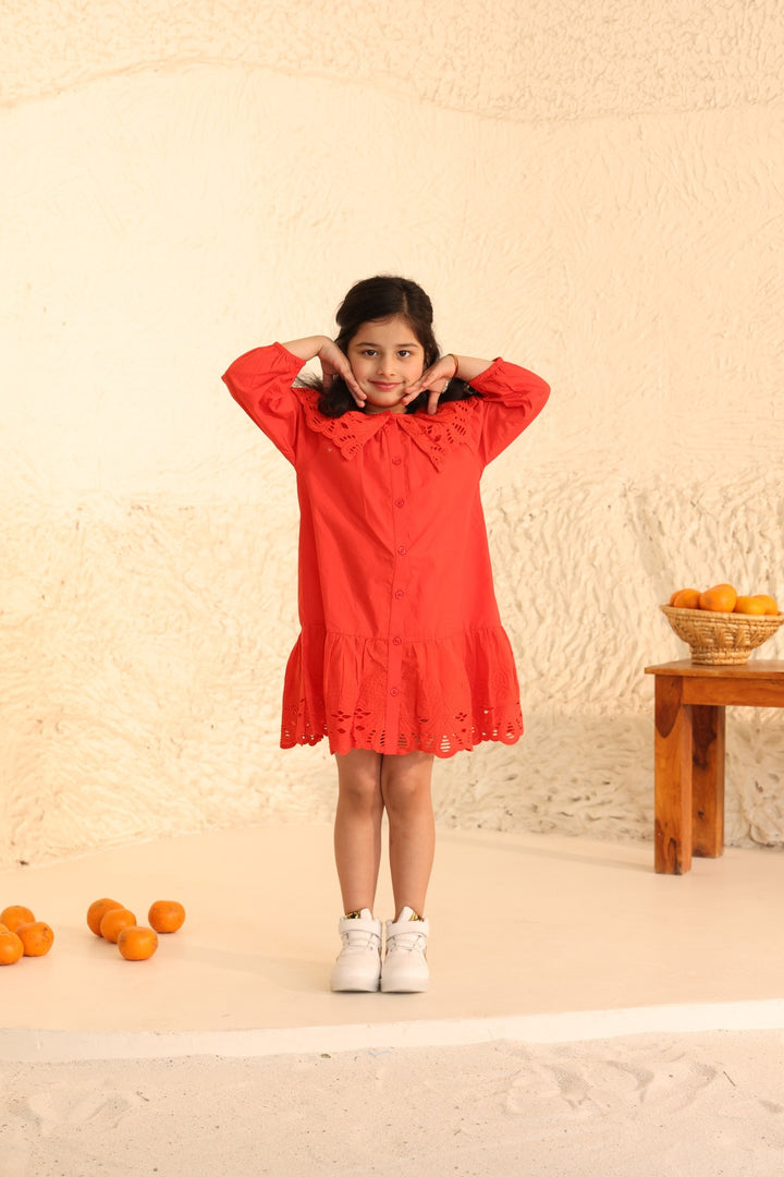 Red Eyelet Lace Ruffle Dress-Girls