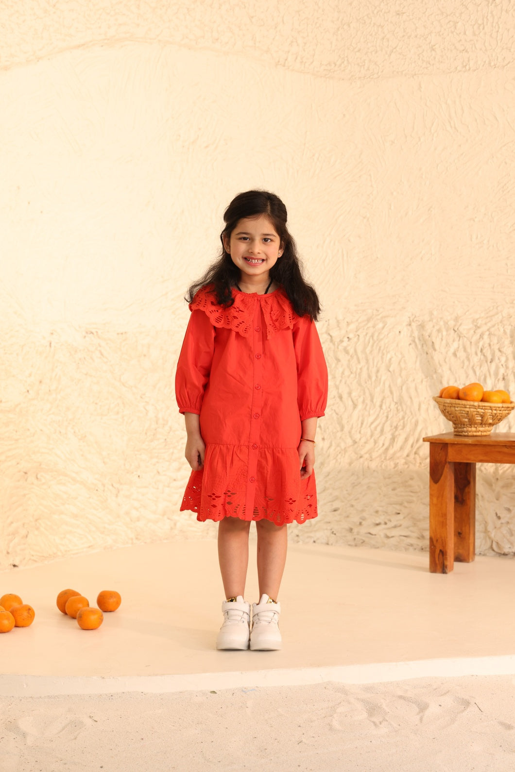 Red Eyelet Lace Ruffle Dress-Girls