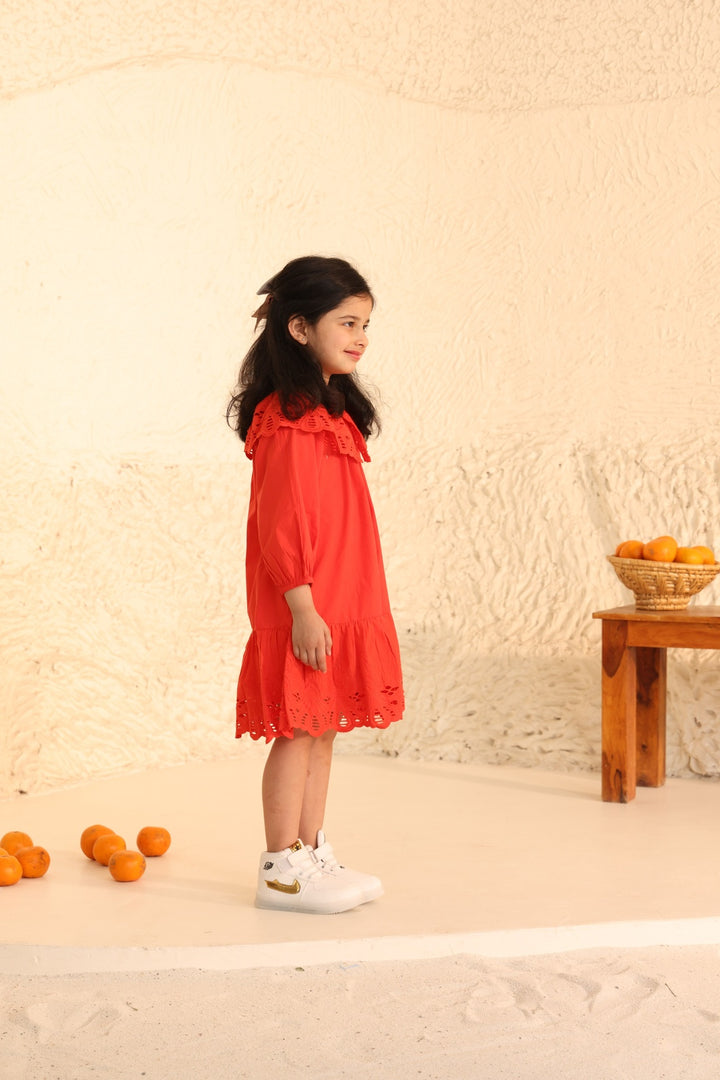 Red Eyelet Lace Ruffle Dress-Girls