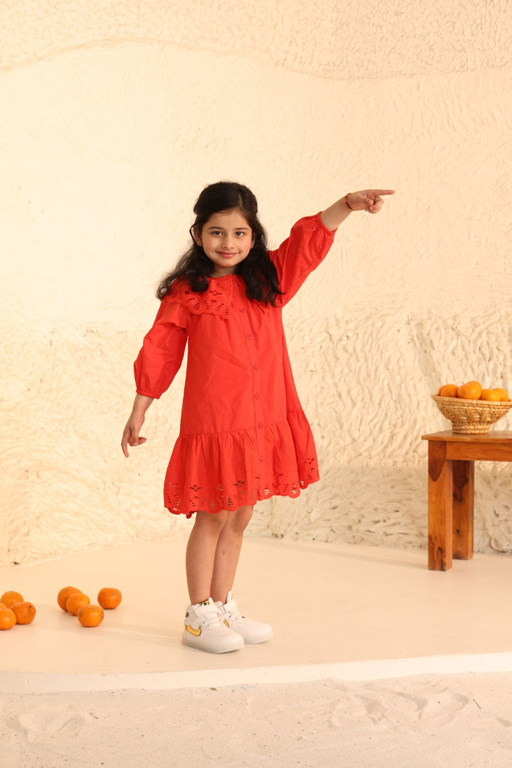 Red Eyelet Lace Ruffle Dress-Girls