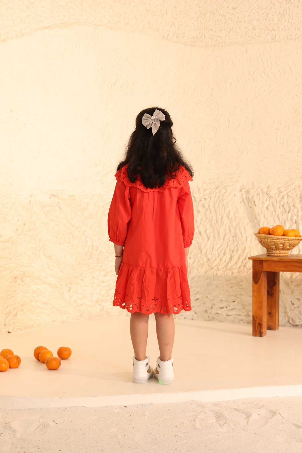 Red Eyelet Lace Ruffle Dress-Girls