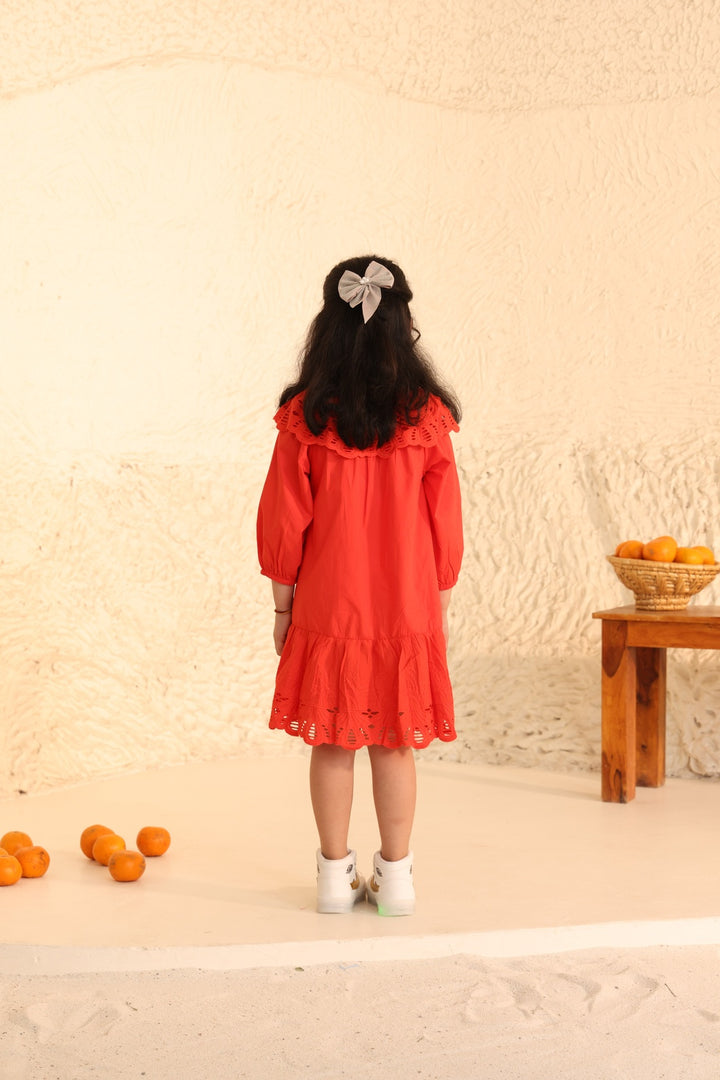 Red Eyelet Lace Ruffle Dress-Girls
