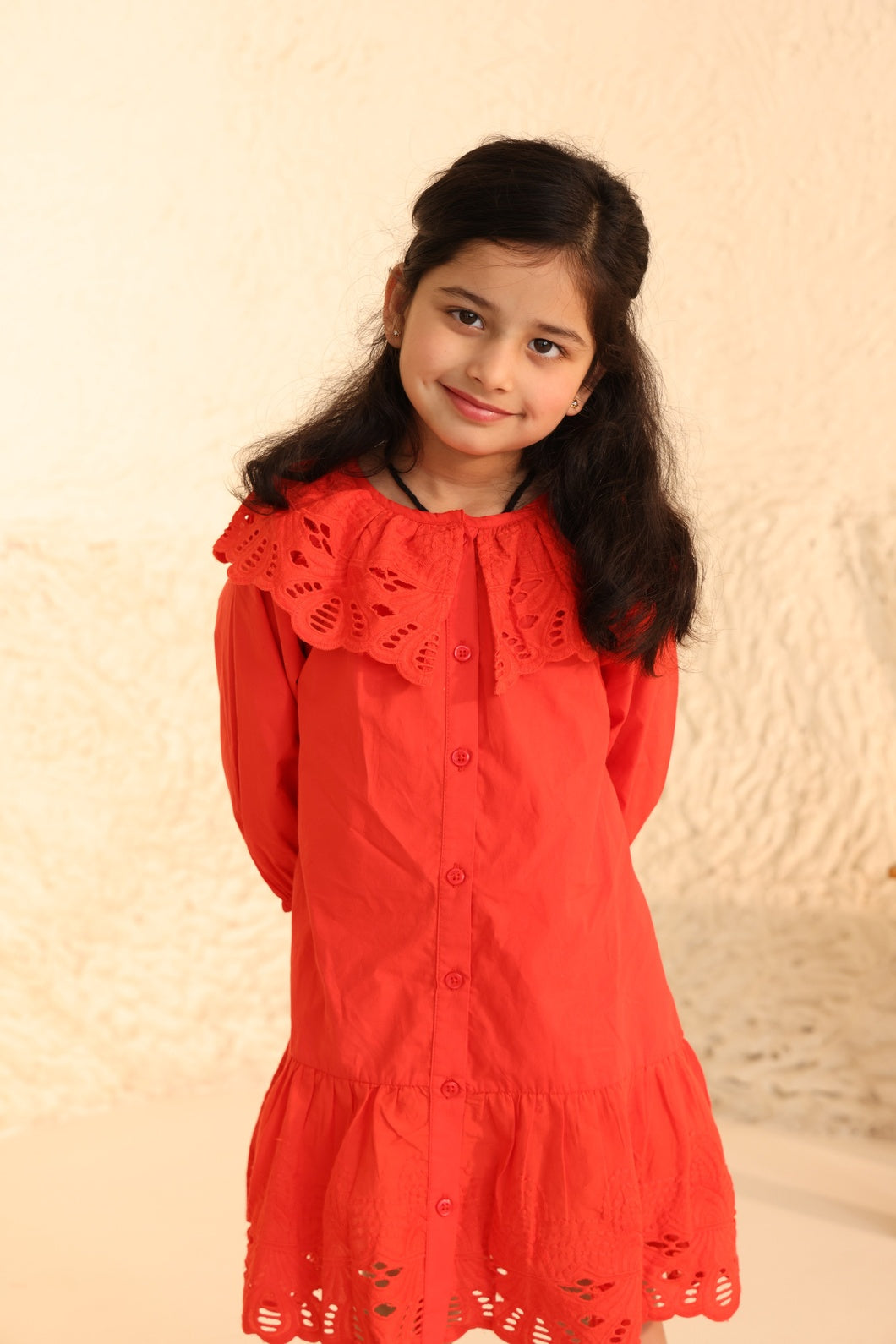 Red Eyelet Lace Ruffle Dress-Girls