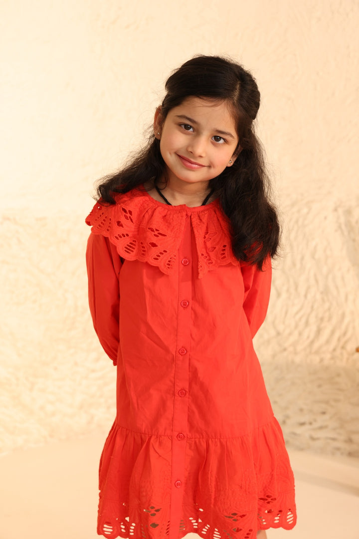Red Eyelet Lace Ruffle Dress-Girls