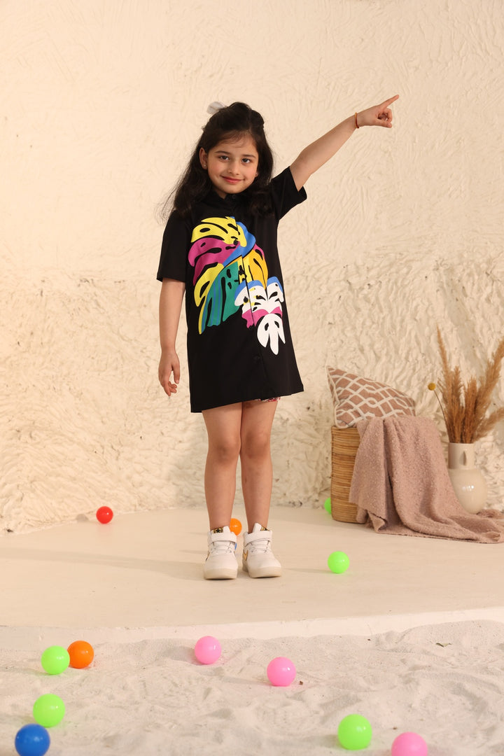 Shirt Polo Dress with Tropical Print