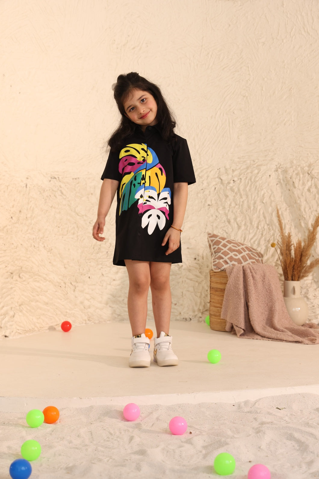 Shirt Polo Dress with Tropical Print