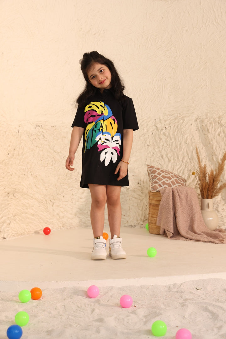 Shirt Polo Dress with Tropical Print